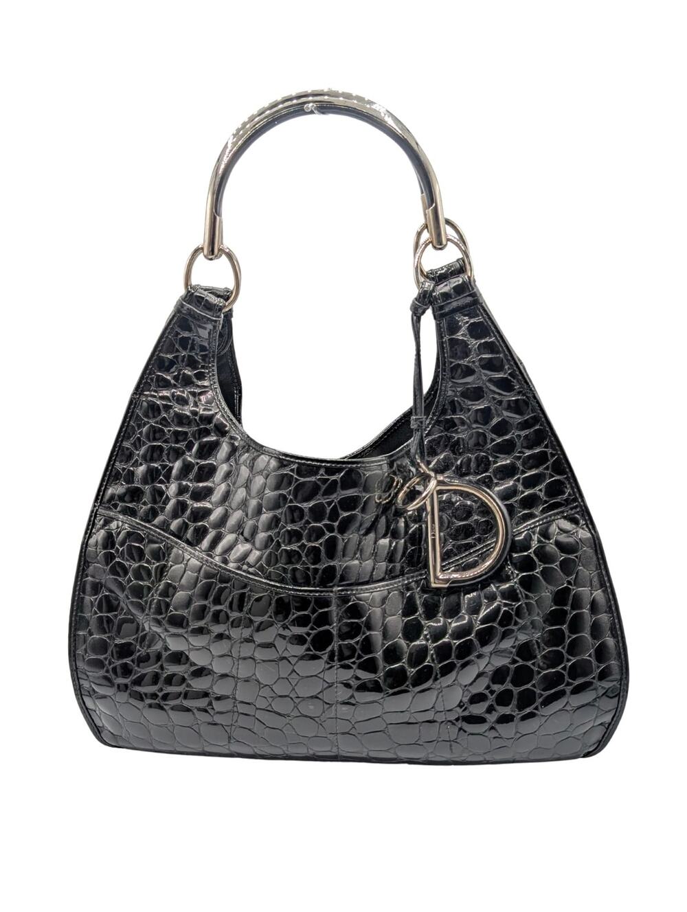 Christian Dior Black Patent Crocodile Embossed 61 Shoulder Bag